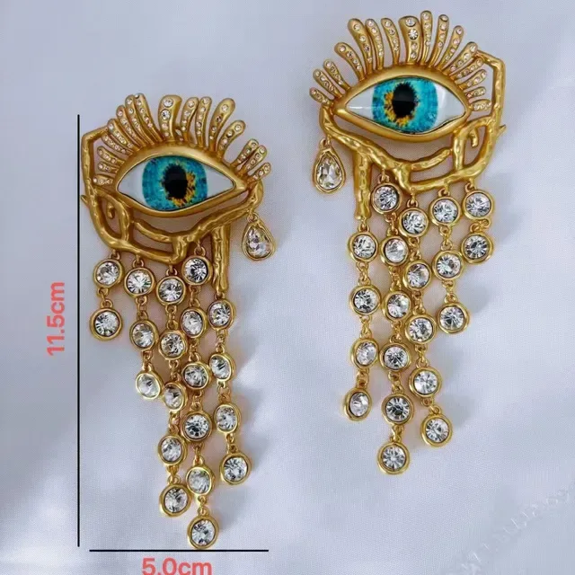 Gold-Tone Eye Motif Crystal Fringe Earring 5