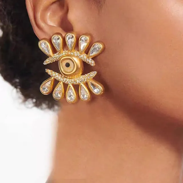 Gold-Tone Eye Motif Crystal Radiating Earrings 2