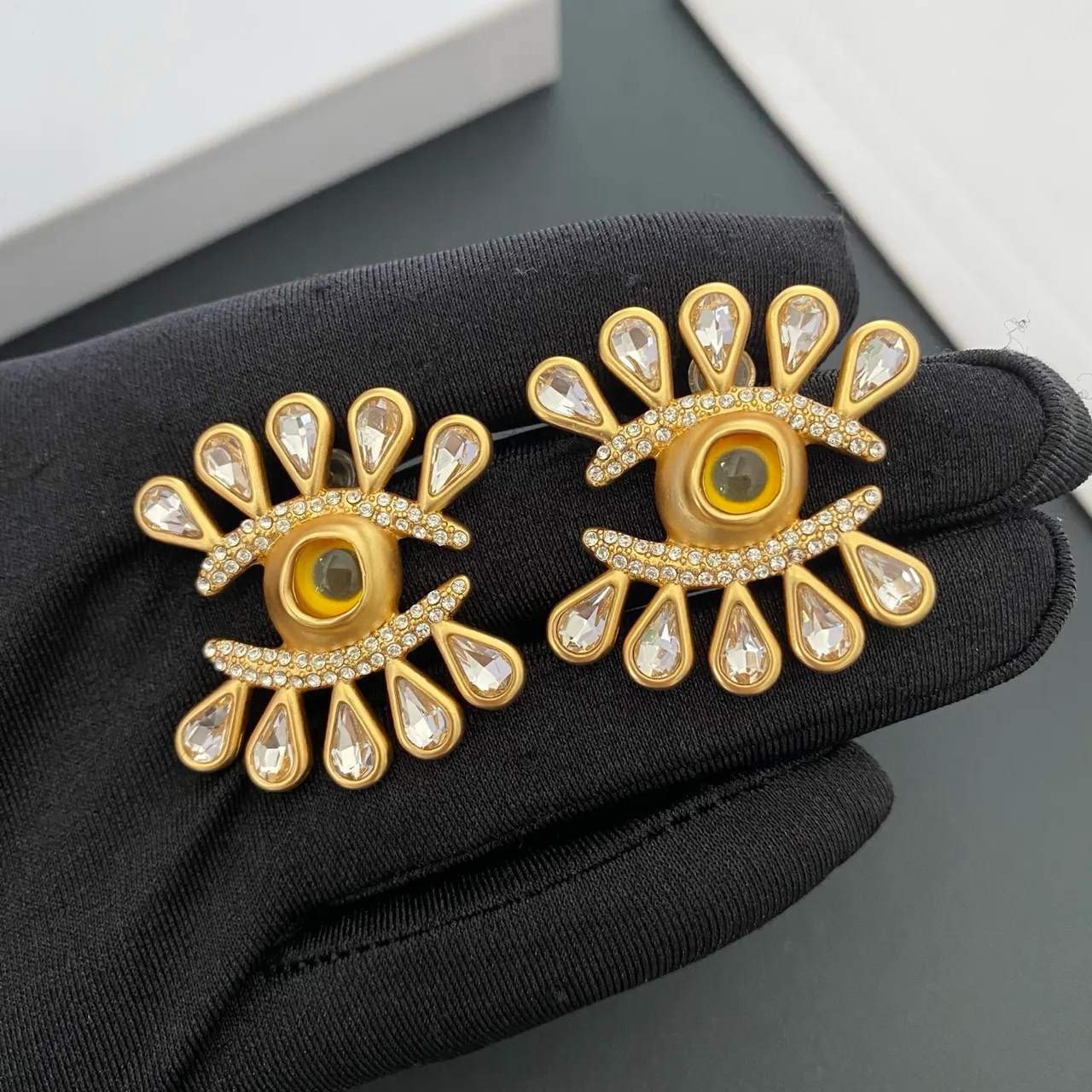 Gold-Tone Eye Motif Crystal Radiating Earrings 4