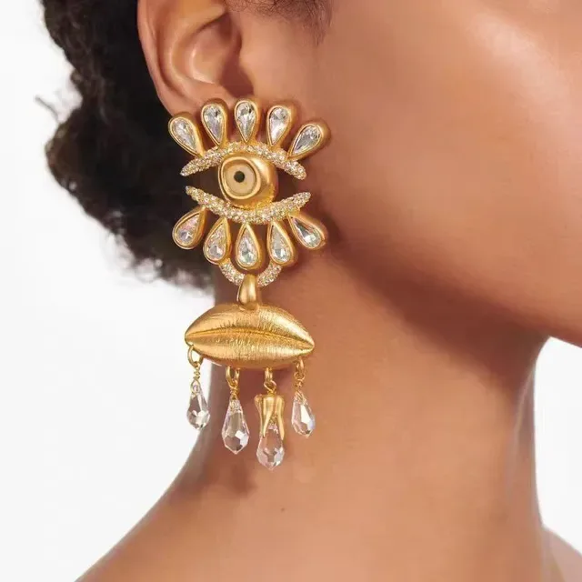 Gold-Tone Eye Motif Crystal Teardrop Statement Earrings 2