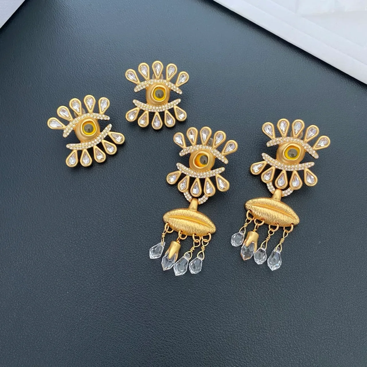 Gold-Tone Eye Motif Crystal Teardrop Statement Earrings 4