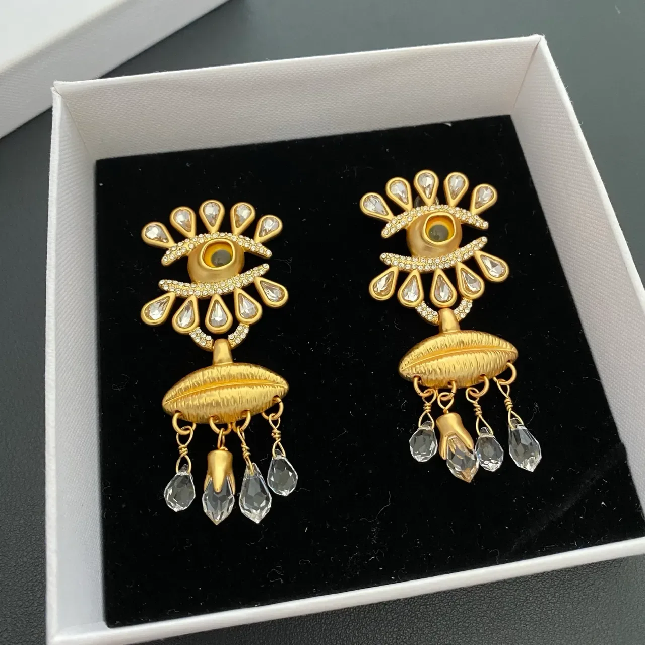 Gold-Tone Eye Motif Crystal Teardrop Statement Earrings 5