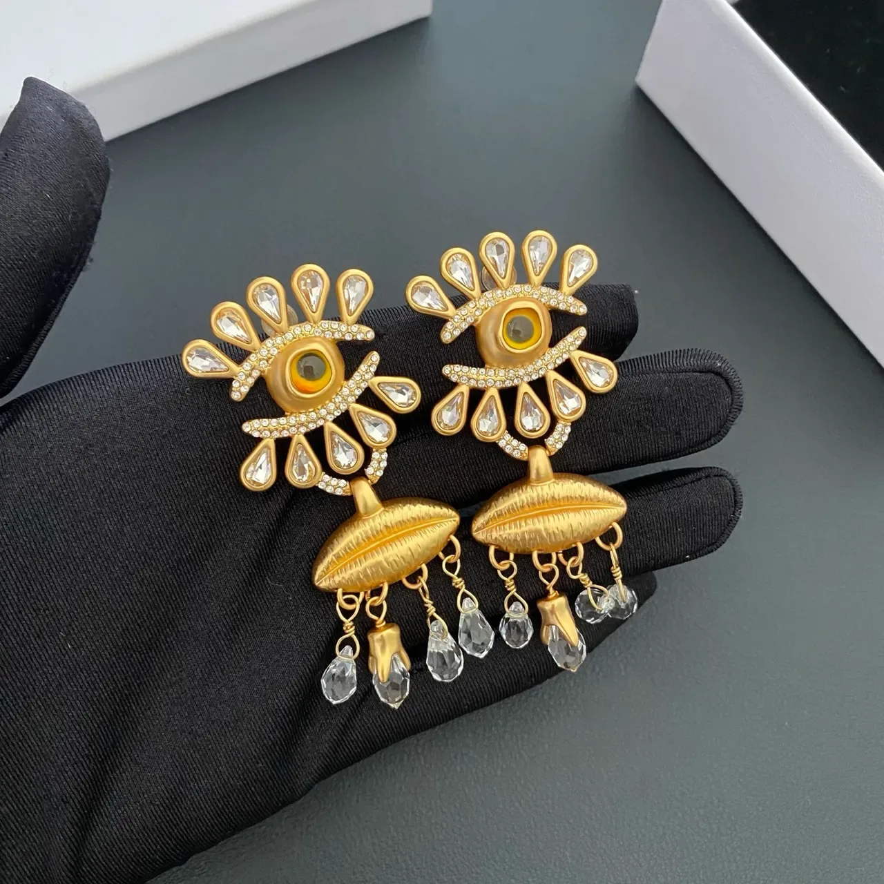 Gold-Tone Eye Motif Crystal Teardrop Statement Earrings 6