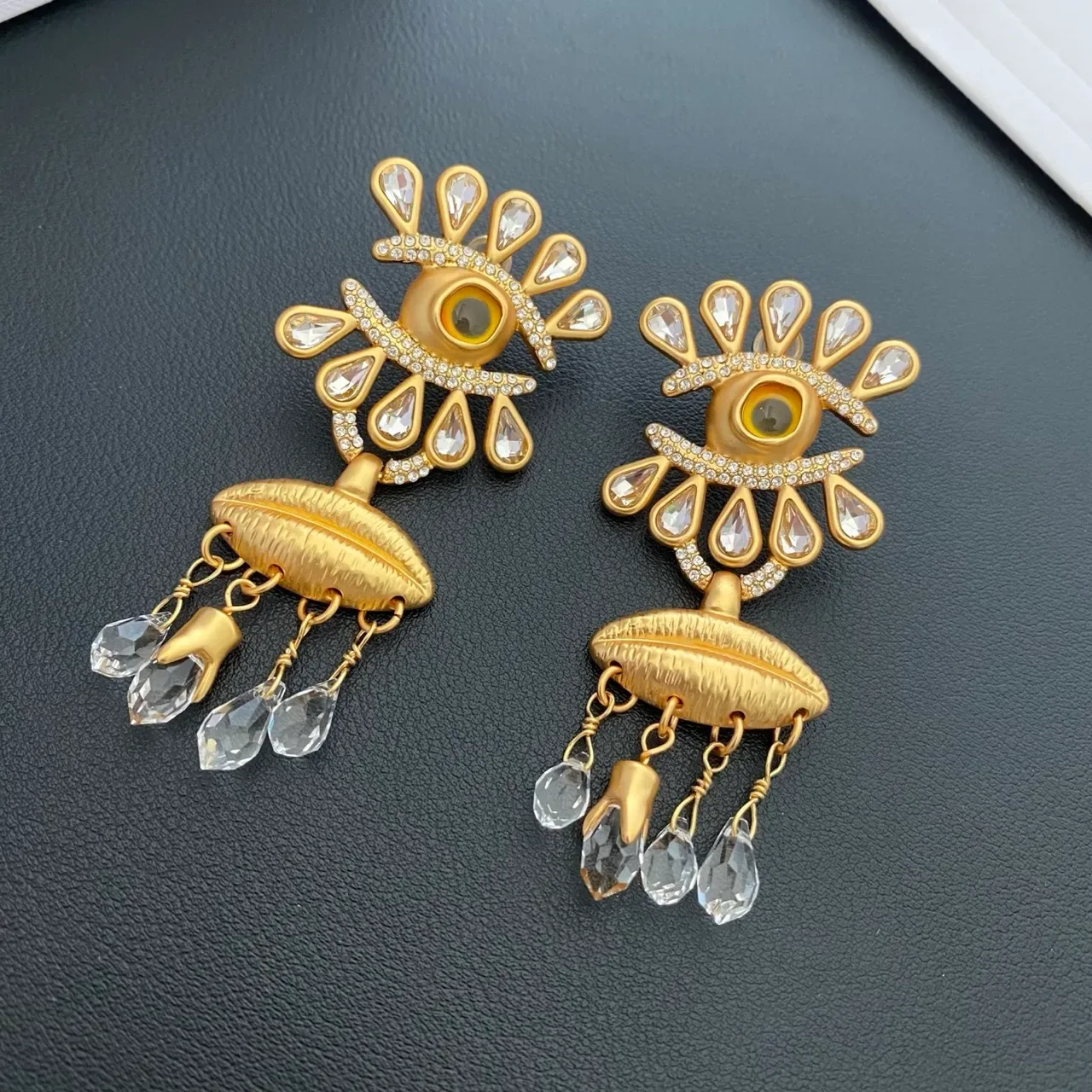 Gold-Tone Eye Motif Crystal Teardrop Statement Earrings 7