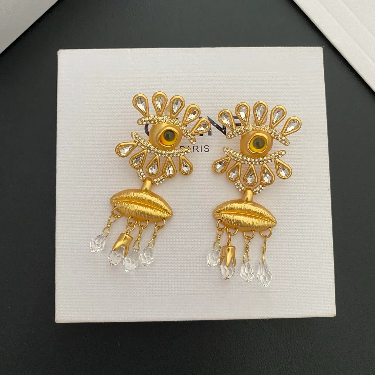 Gold-Tone Eye Motif Crystal Teardrop Statement Earrings 8