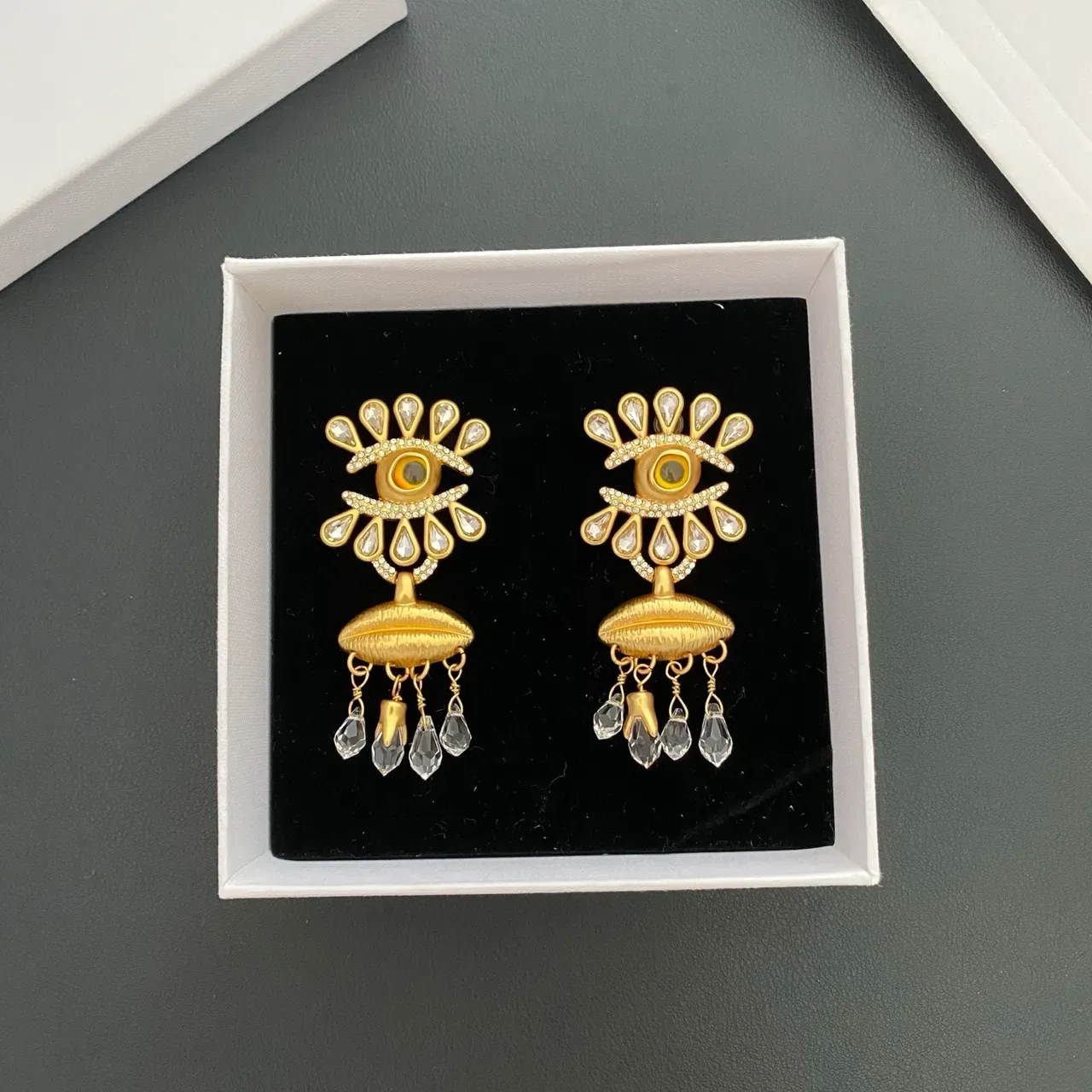 Gold-Tone Eye Motif Crystal Teardrop Statement Earrings 9