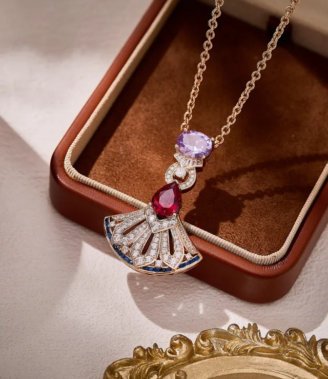 Gold-Tone Fan Motif Gemstone and Diamond Pendant Necklace 2
