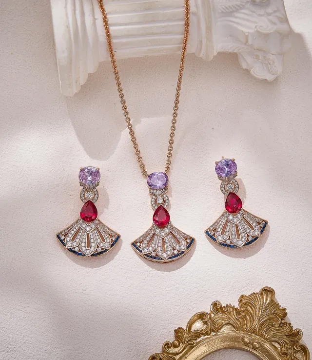 Gold-Tone Fan Motif Gemstone and Diamond Pendant Necklace 3