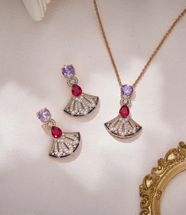 Gold-Tone Fan Motif Gemstone and Diamond Pendant Necklace 4