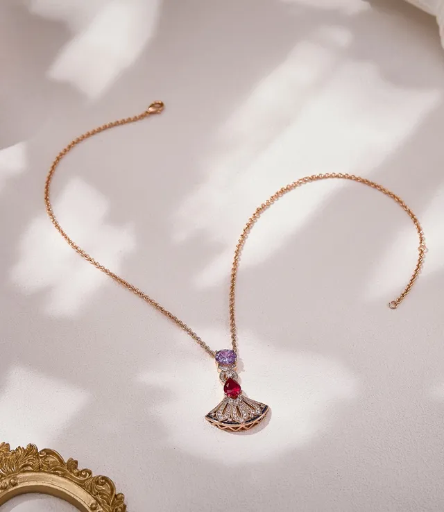 Gold-Tone Fan Motif Gemstone and Diamond Pendant Necklace 5