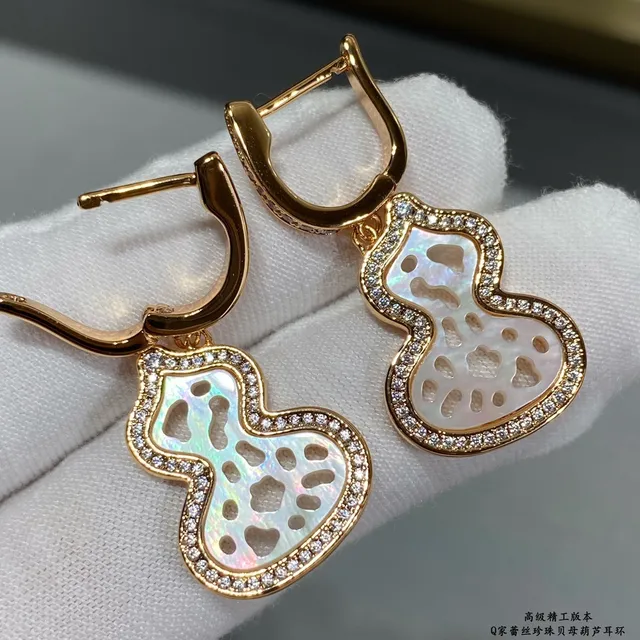 Gold-Tone Gourd-Shaped Openwork Mother-of-Pearl and Pavé Crystal Earrings 7