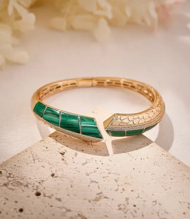 Gold-Tone Green Enamel Pavé Geometric Hinged Bangle Bracelet 3
