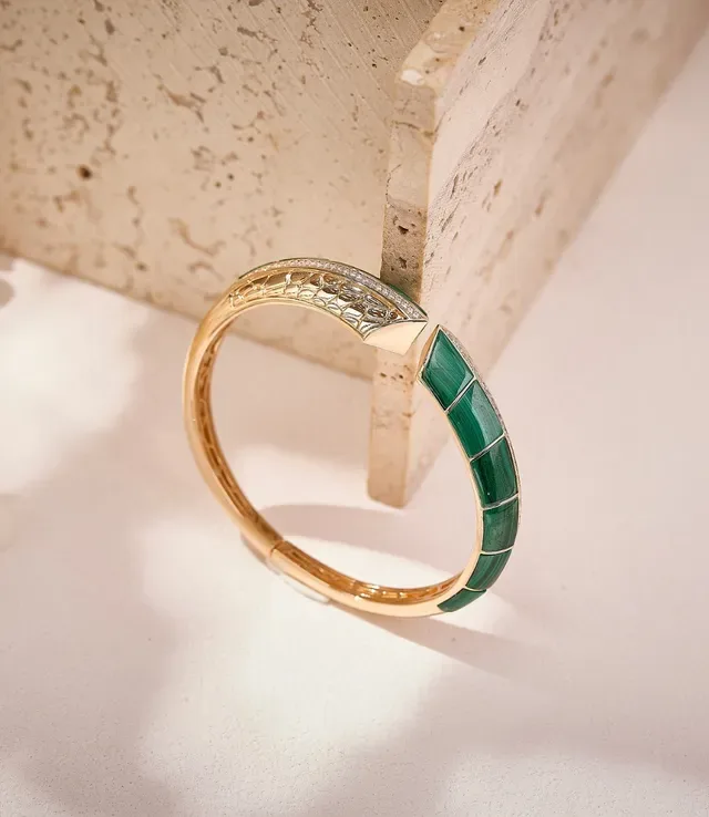 Gold-Tone Green Enamel Pavé Geometric Hinged Bangle Bracelet 4