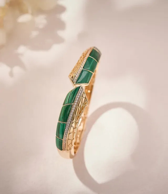 Gold-Tone Green Enamel Pavé Geometric Hinged Bangle Bracelet 5
