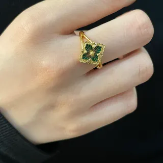 Gold-Tone Green Enamel Quatrefoil Floral Ring