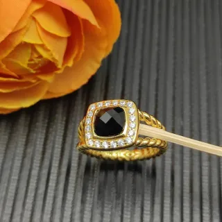 Gold-Tone Halo Square Black Stone Ring