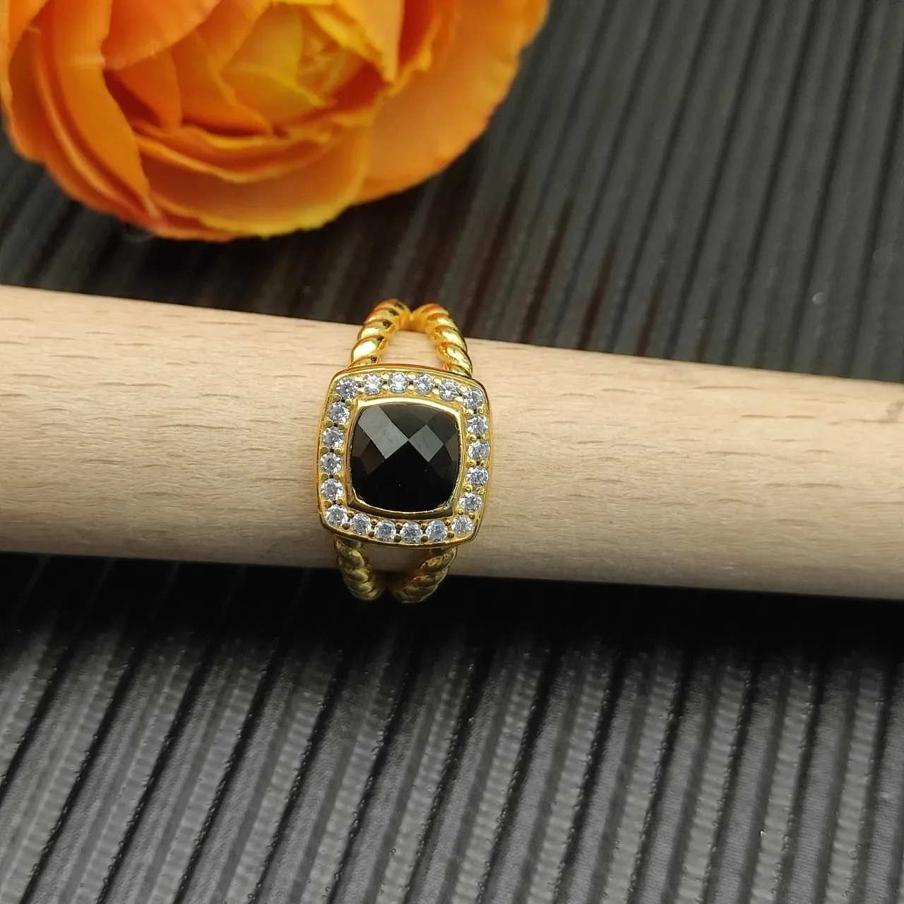 Gold-Tone Halo Square Black Stone Ring 3