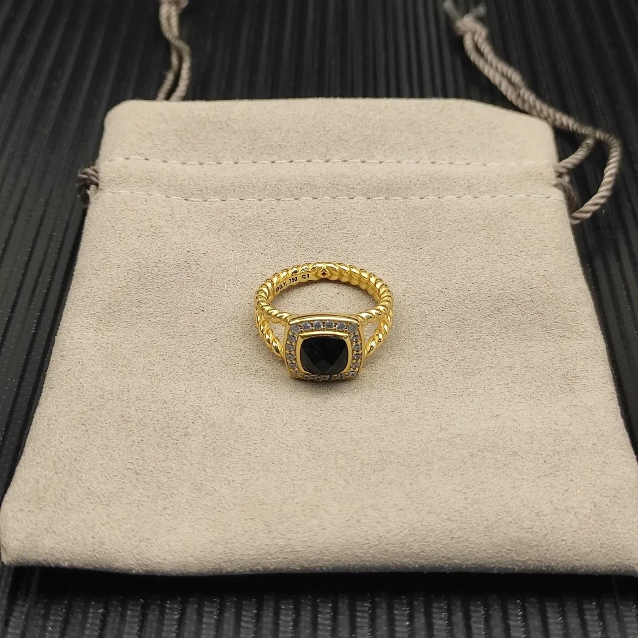 Gold-Tone Halo Square Black Stone Ring 4