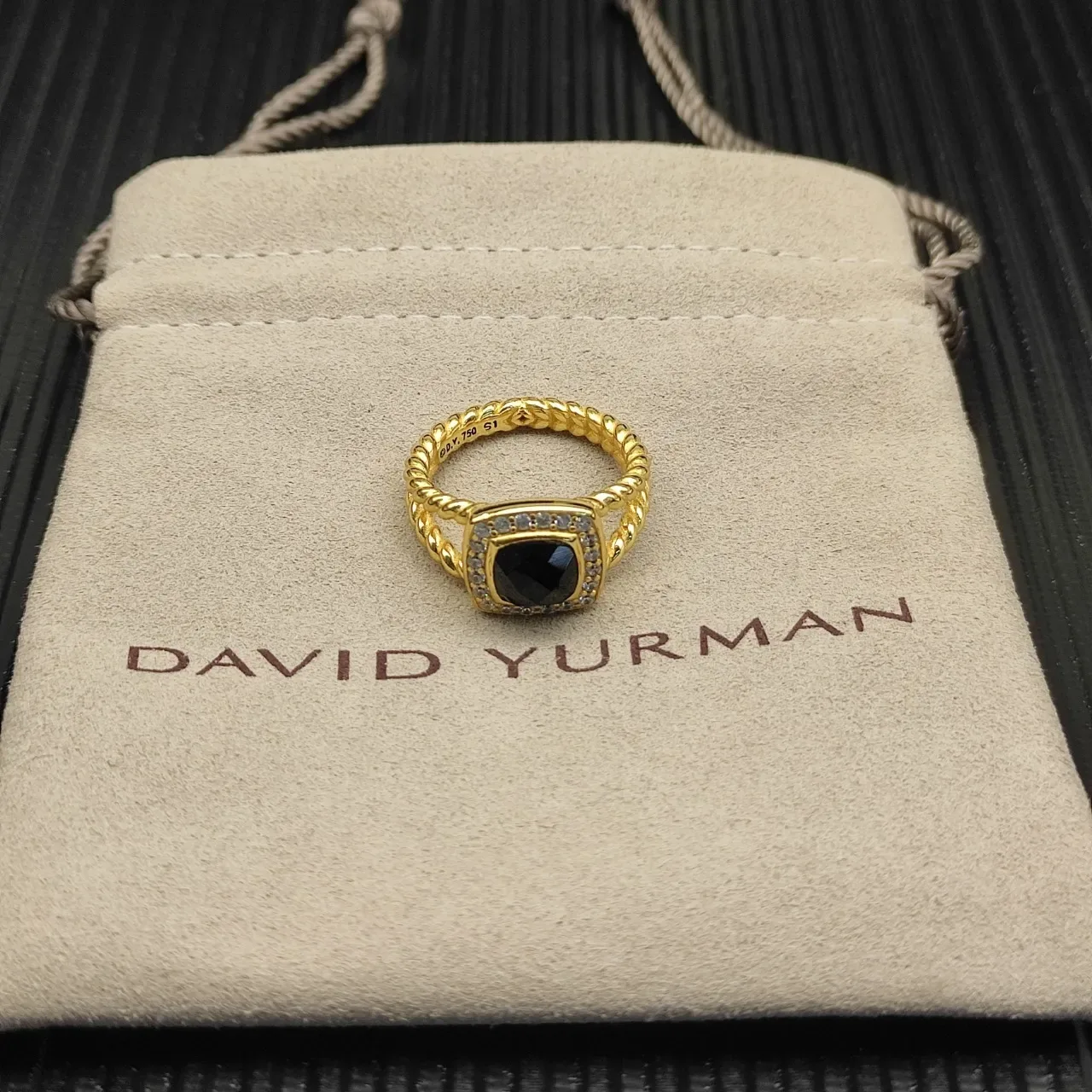 Gold-Tone Halo Square Black Stone Ring 5