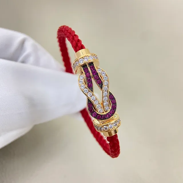 Gold-Tone Knot-Clasp Ruby and Diamond-Pavé Red Braided Cord Bracelets 5