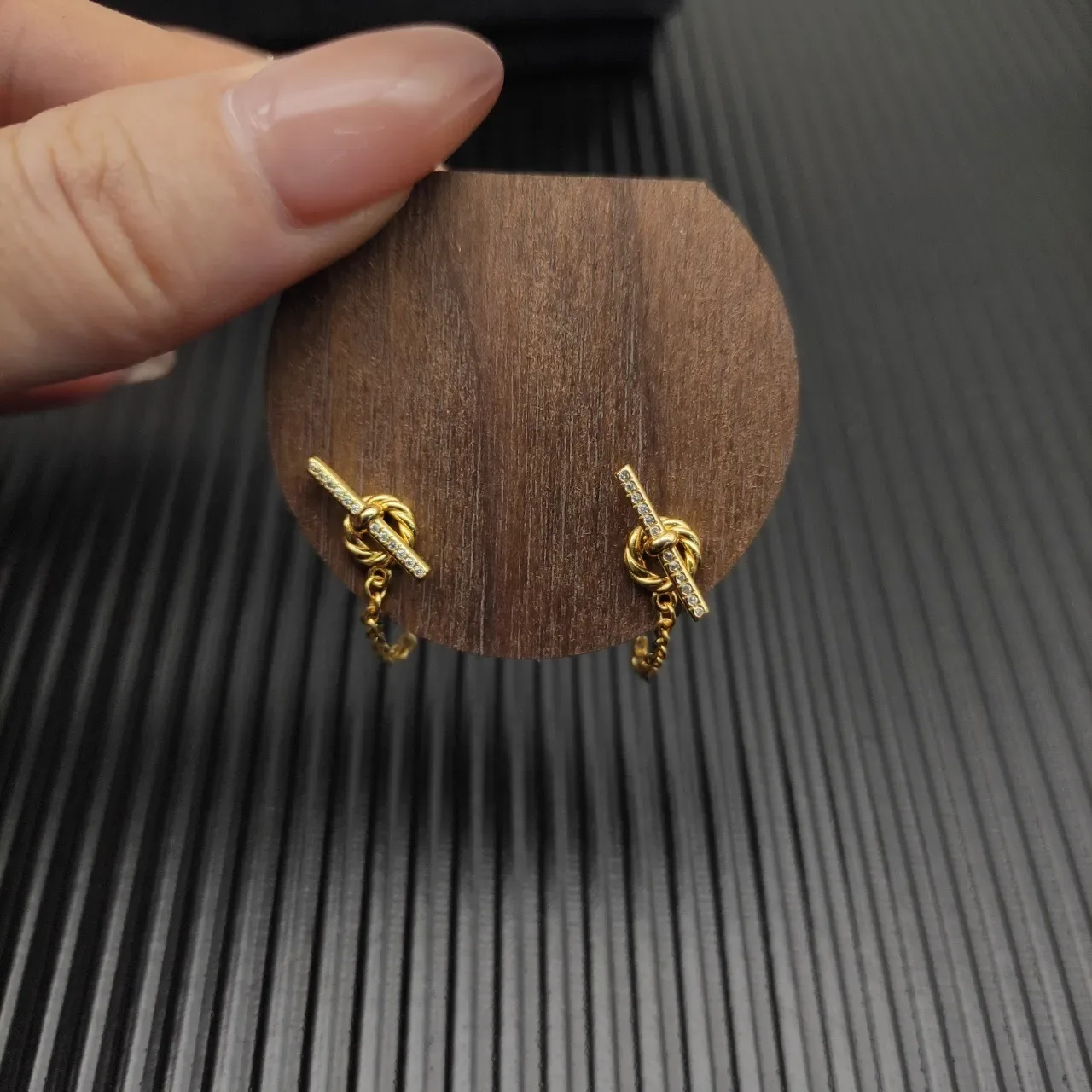 Gold-Tone Knot Motif Pavé Bar Chain Drop Earrings 6