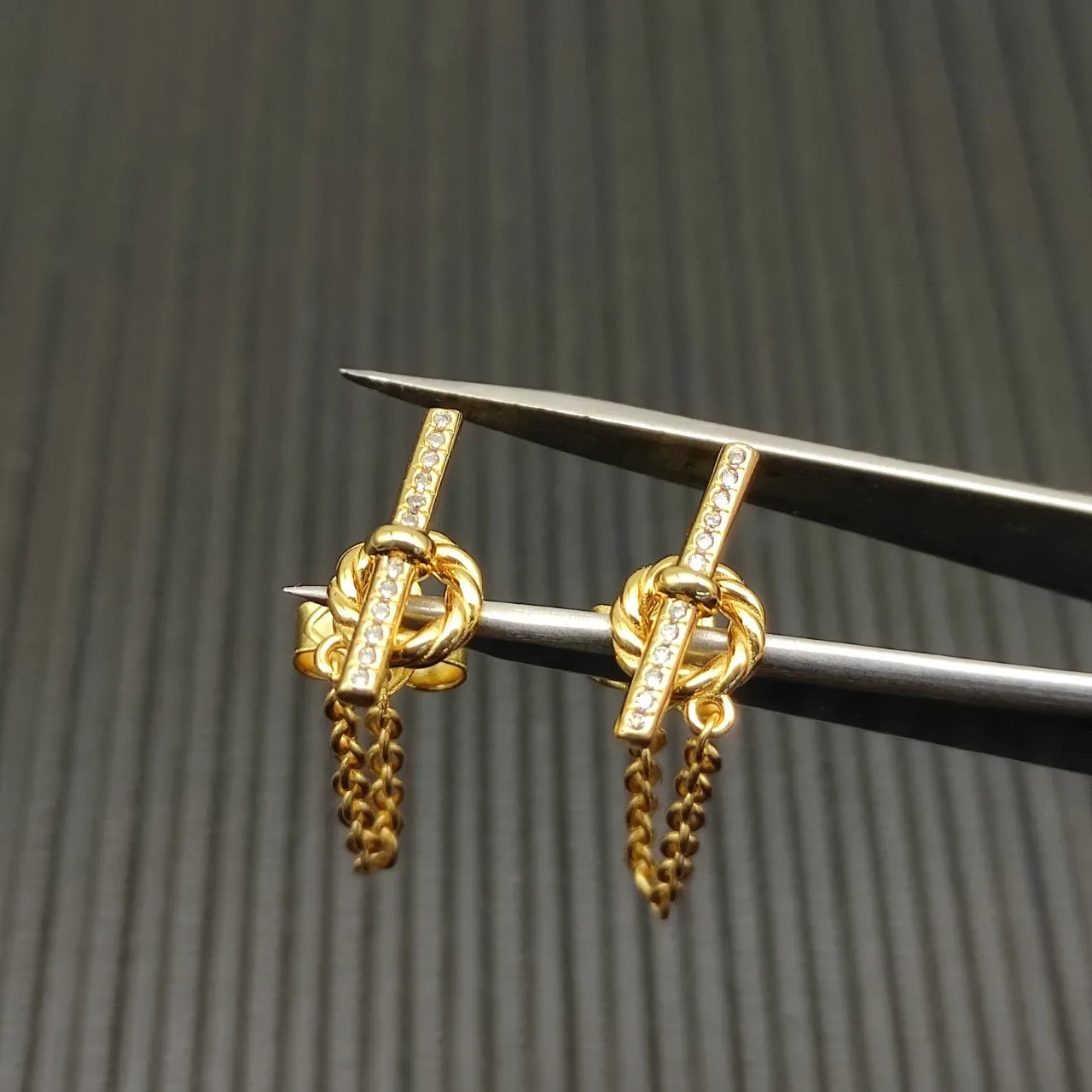 Gold-Tone Knot Motif Pavé Bar Chain Drop Earrings 7