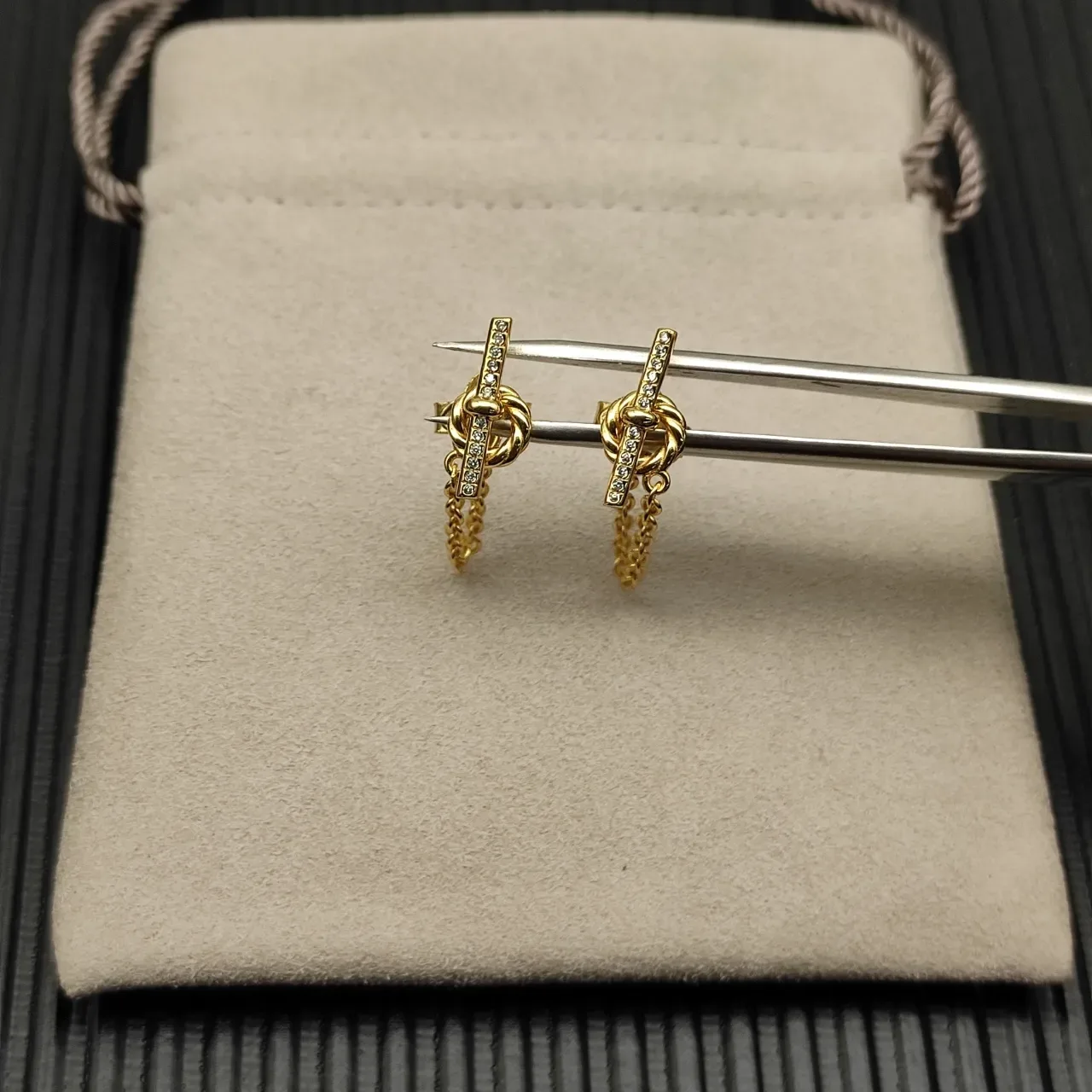 Gold-Tone Knot Motif Pavé Bar Chain Drop Earrings 8