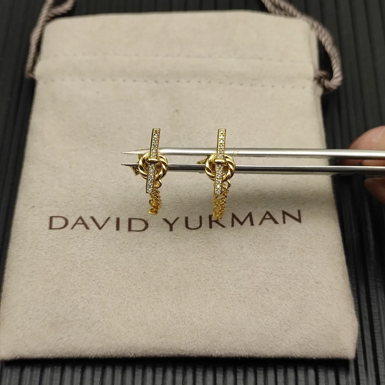Gold-Tone Knot Motif Pavé Bar Chain Drop Earrings 9