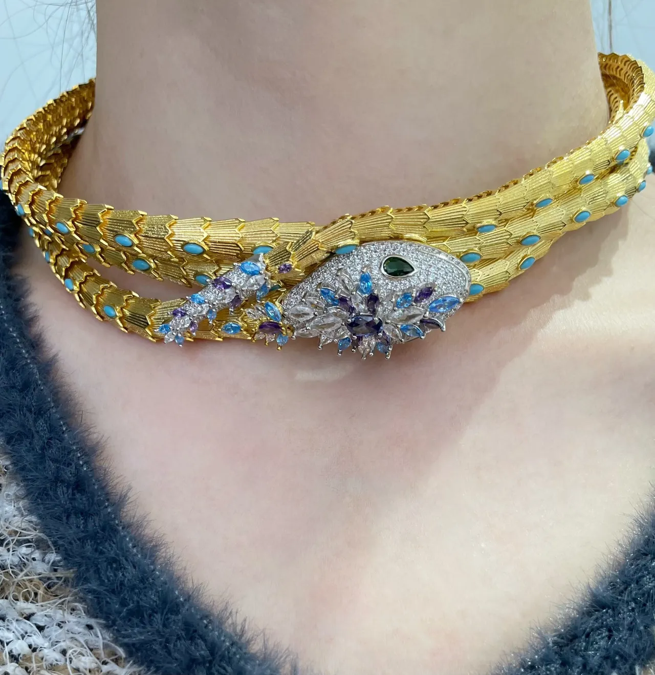 Gold-Tone Multi-Strand Snake-Head Gemstone Necklace 9