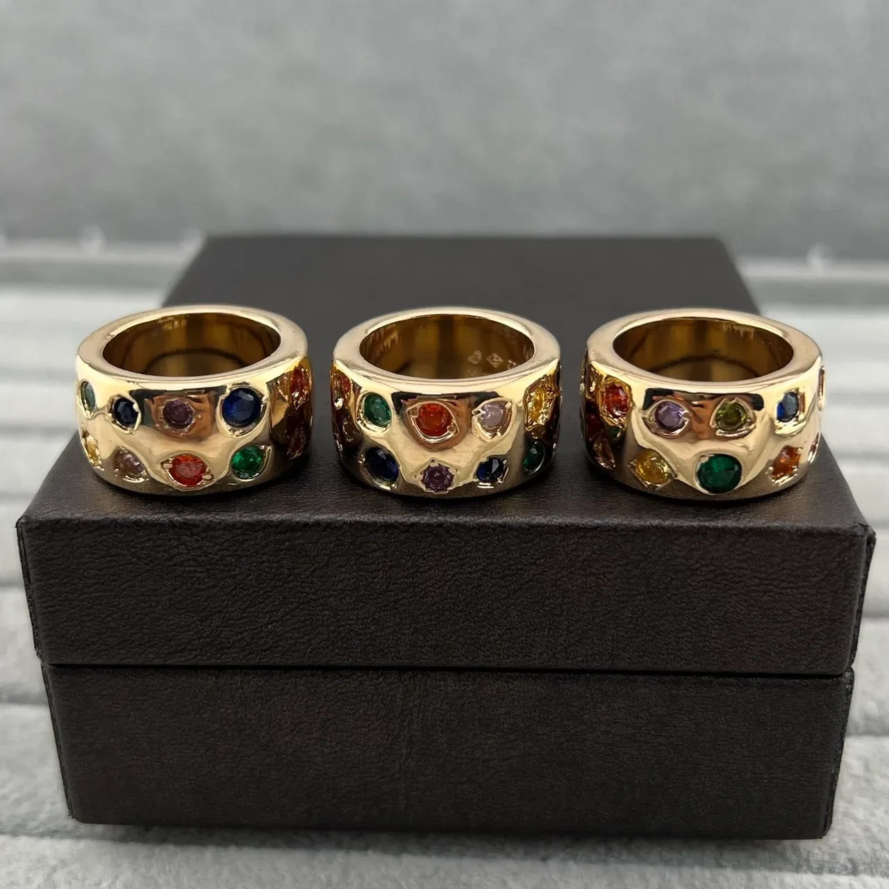 Gold-Tone Multigem Recessed Bezel Wide Band Rings 4
