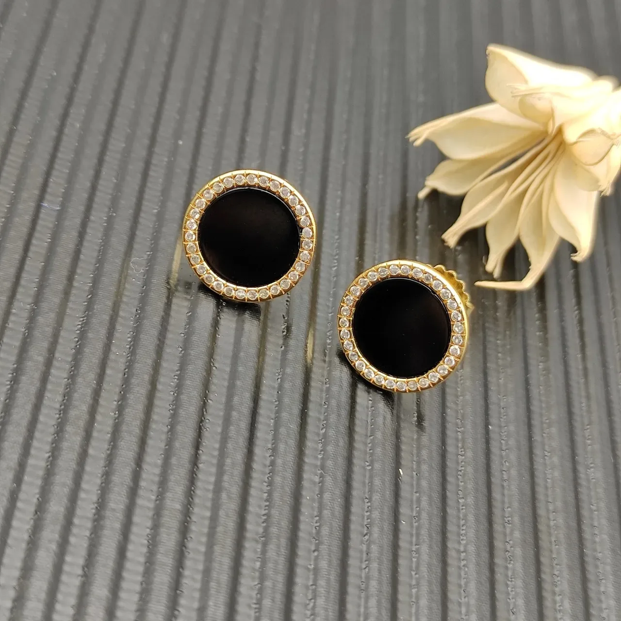 Gold-Tone Pavé Halo Black Cabochon Stud Earrings 4