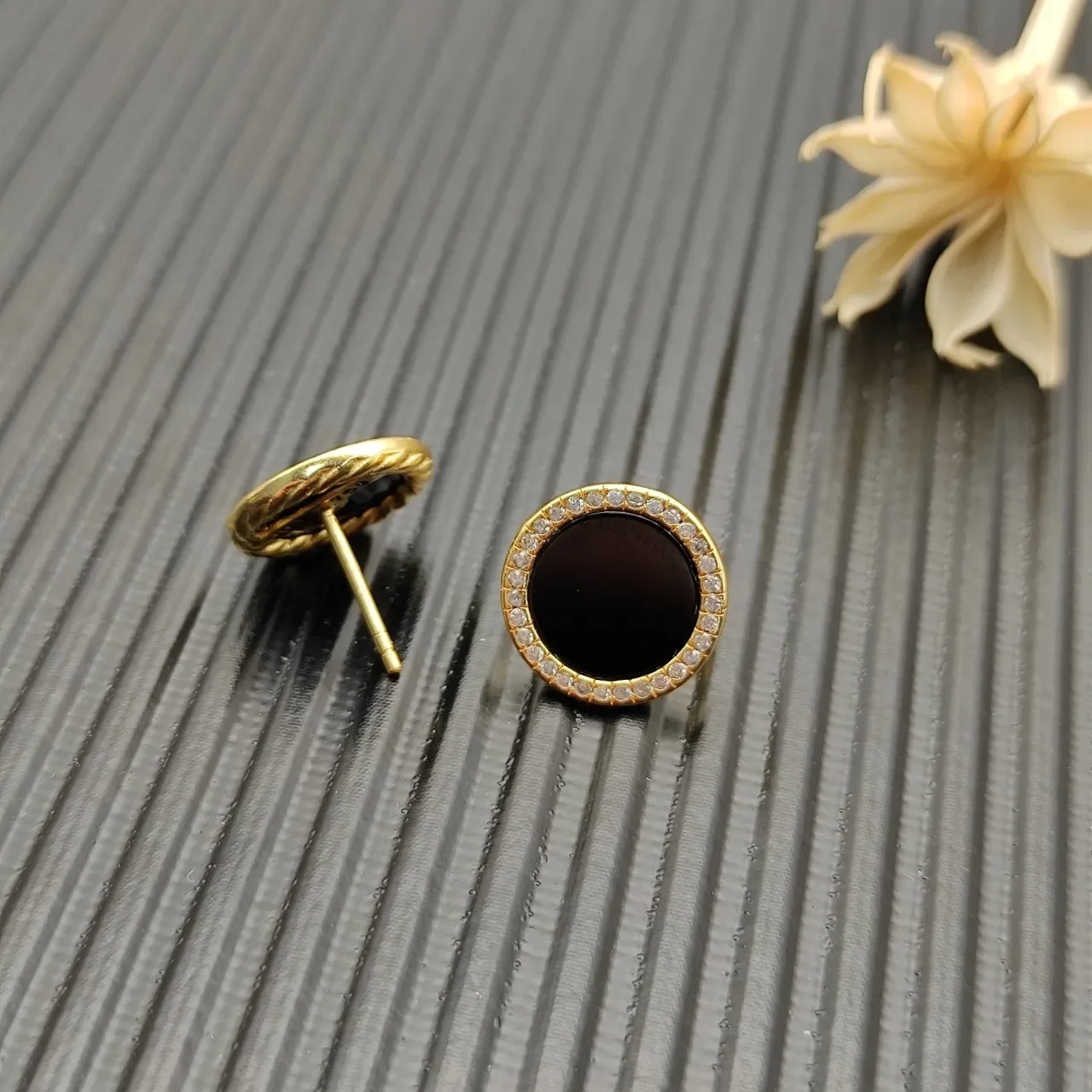 Gold-Tone Pavé Halo Black Cabochon Stud Earrings 6