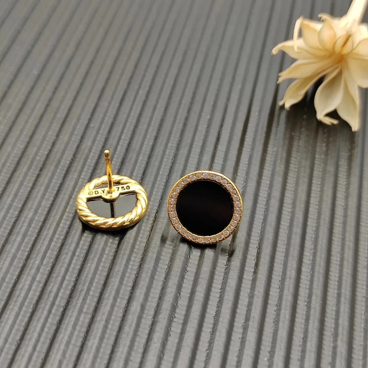 Gold-Tone Pavé Halo Black Cabochon Stud Earrings 7