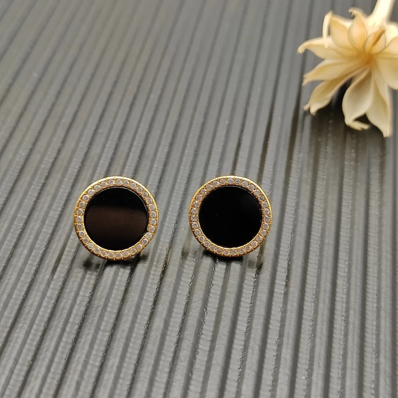 Gold-Tone Pavé Halo Black Cabochon Stud Earrings 8