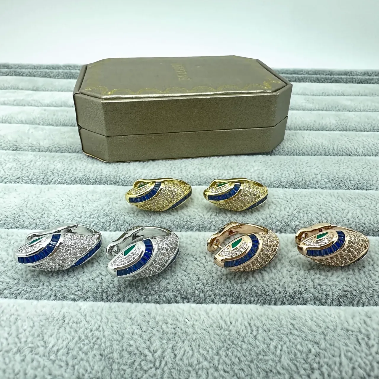 Gold-Tone Pavé-Set Blue and Green Stone Hinged Hoop Earrings 2