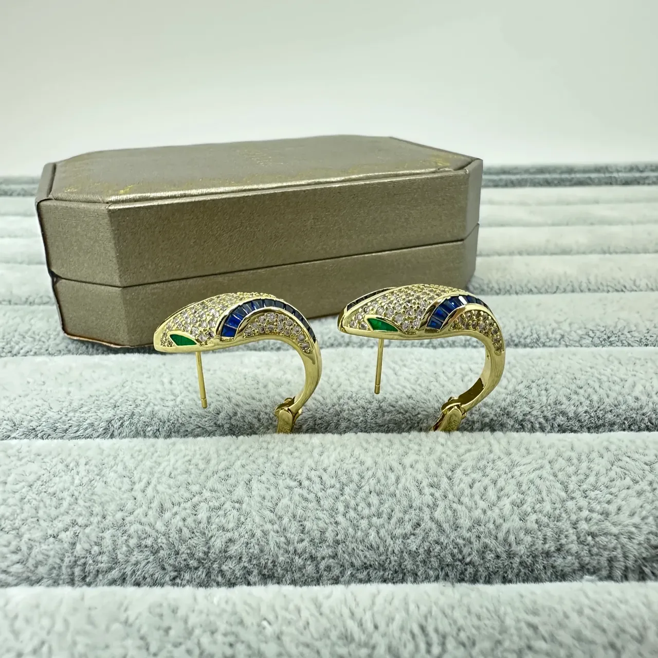 Gold-Tone Pavé-Set Blue and Green Stone Hinged Hoop Earrings 3