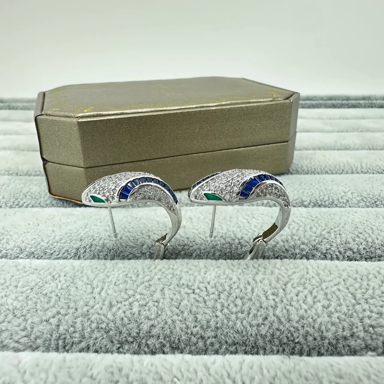 Gold-Tone Pavé-Set Blue and Green Stone Hinged Hoop Earrings 4