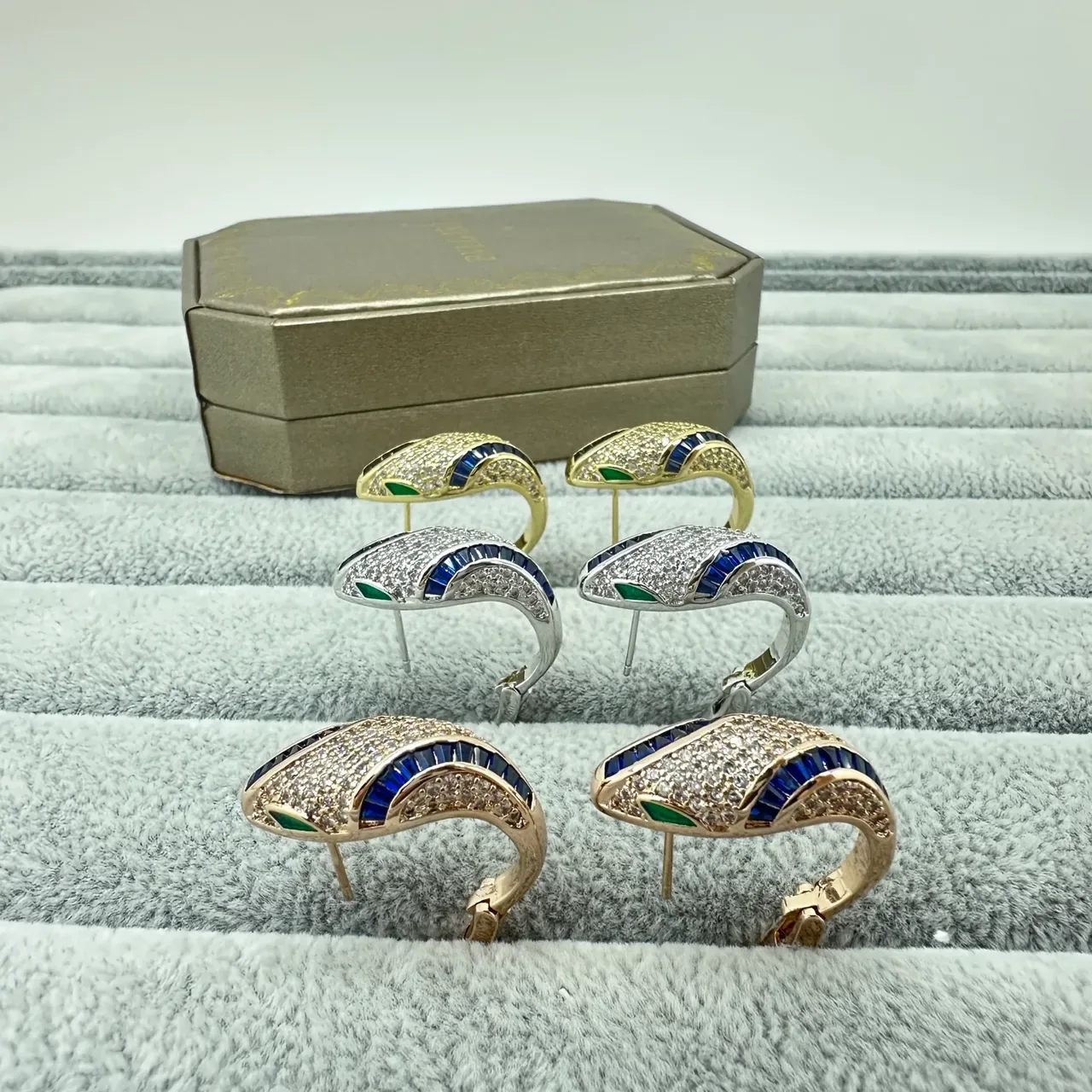Gold-Tone Pavé-Set Blue and Green Stone Hinged Hoop Earrings 5