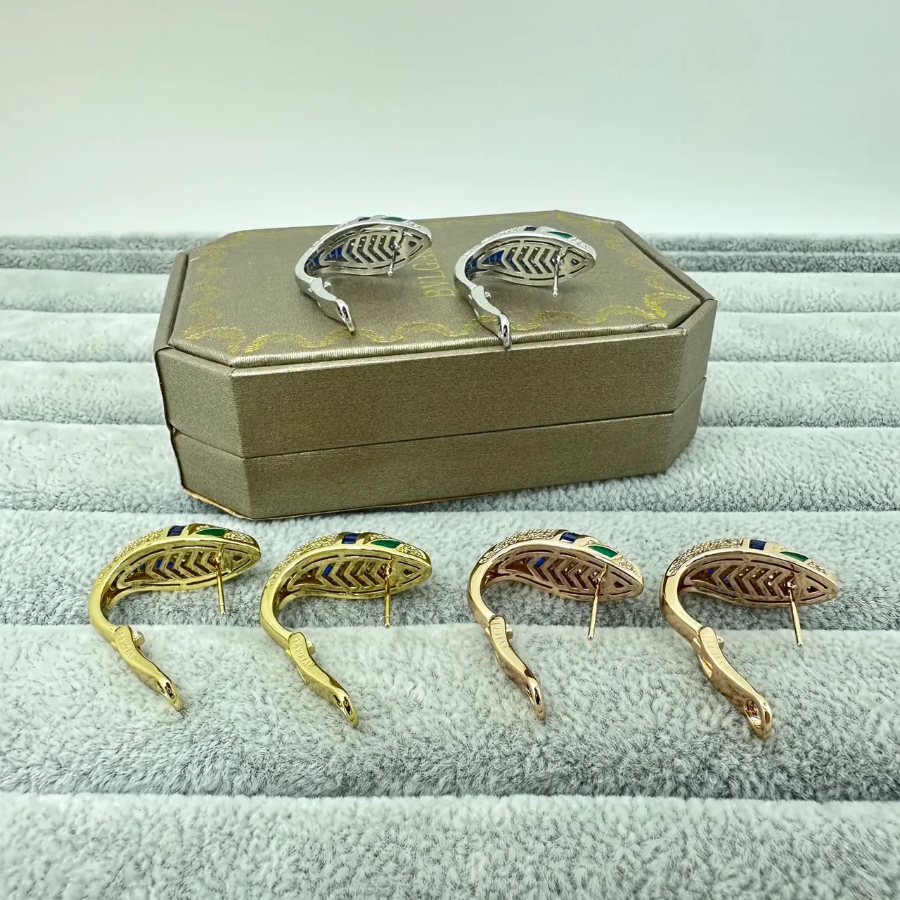Gold-Tone Pavé-Set Blue and Green Stone Hinged Hoop Earrings 6