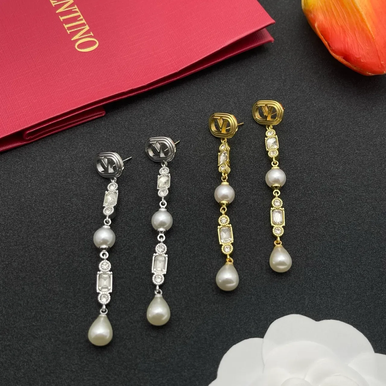 Gold-Tone Pearl and Faceted Stone Drop Earrings 2