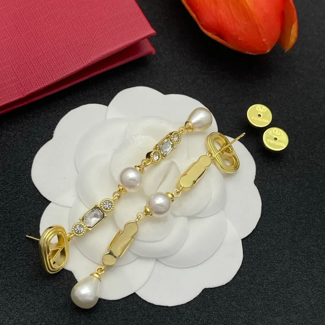 Gold-Tone Pearl and Faceted Stone Drop Earrings 4