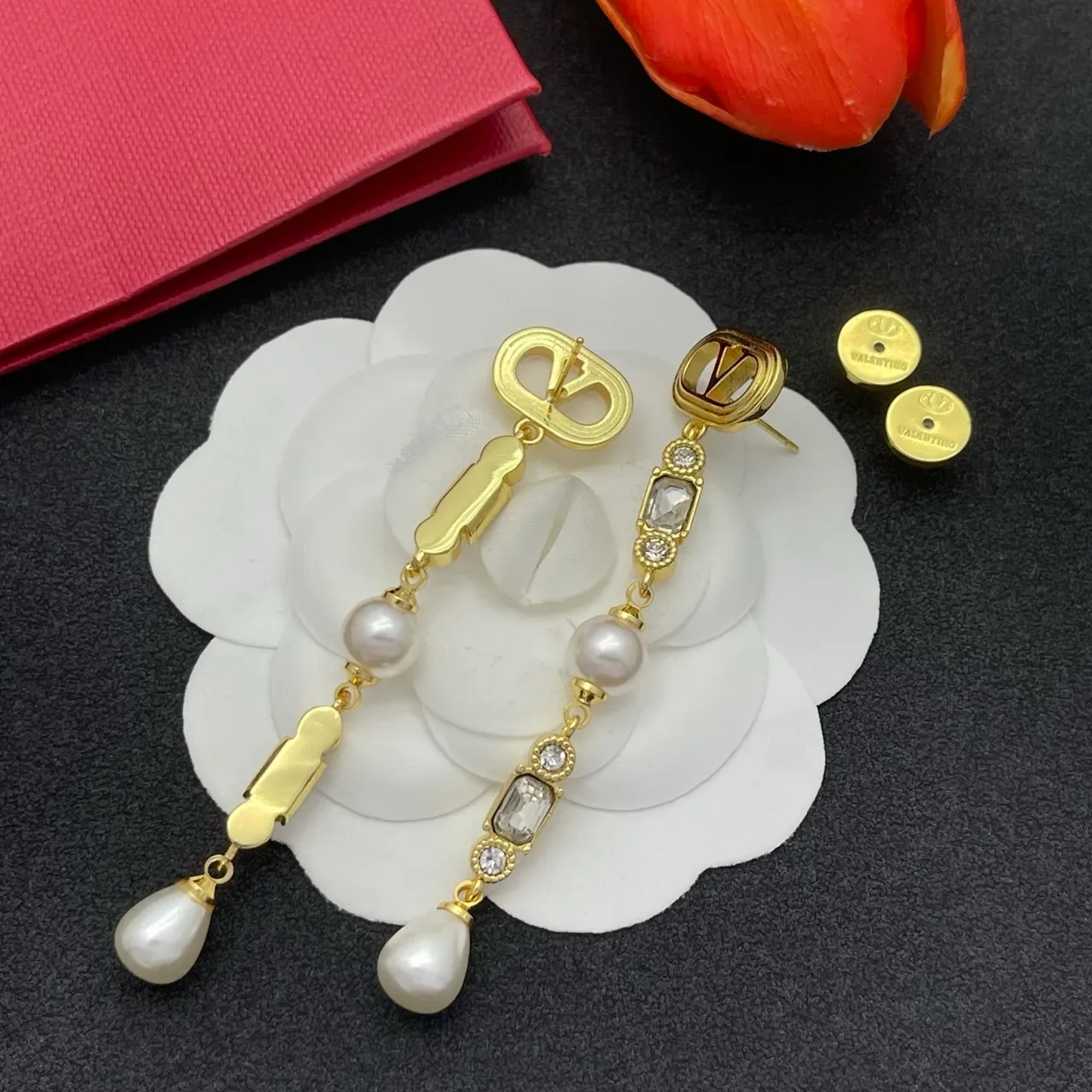 Gold-Tone Pearl and Faceted Stone Drop Earrings 5