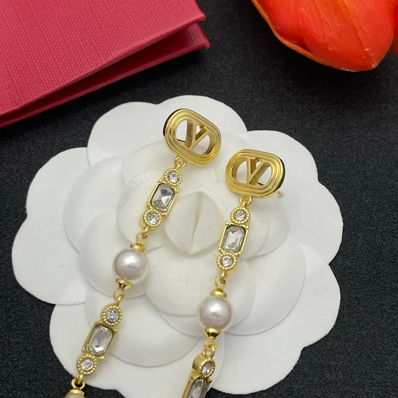 Gold-Tone Pearl and Faceted Stone Drop Earrings 7