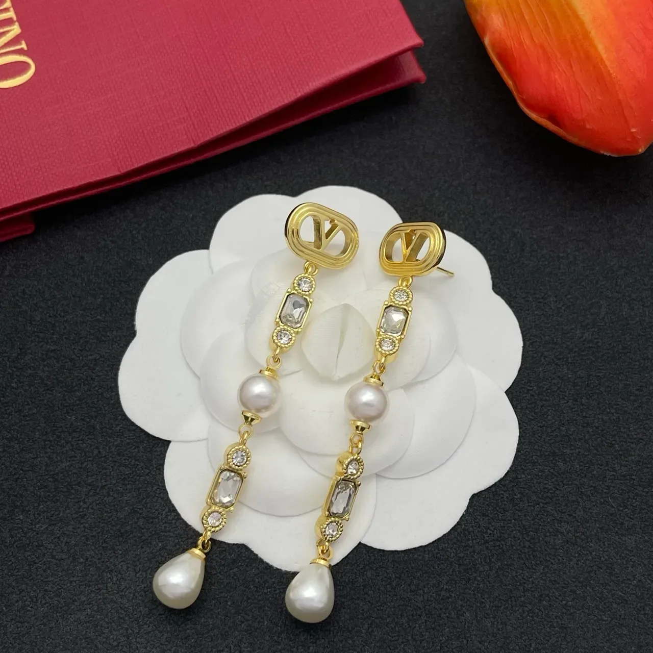 Gold-Tone Pearl and Faceted Stone Drop Earrings 8