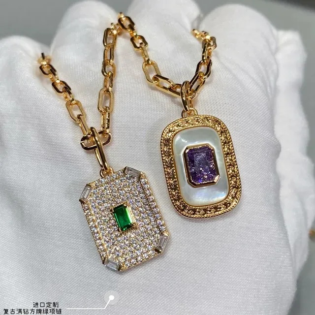 Gold-Tone Rectangular Druzy and Pavé Emerald Pendant Necklaces 2