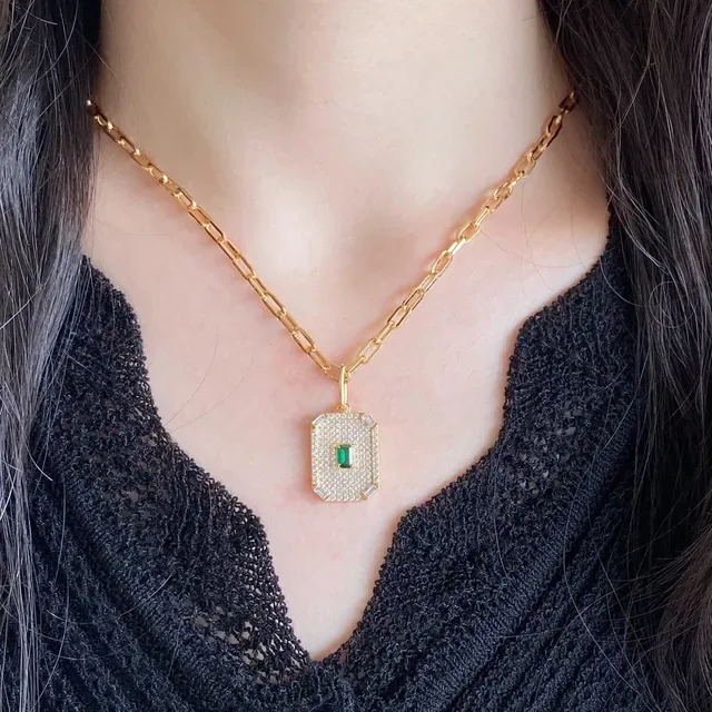 Gold-Tone Rectangular Druzy and Pavé Emerald Pendant Necklaces 3