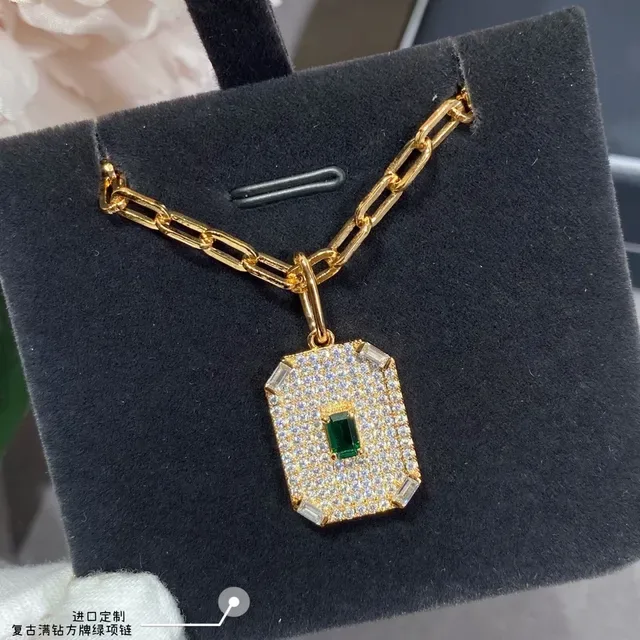 Gold-Tone Rectangular Druzy and Pavé Emerald Pendant Necklaces 4