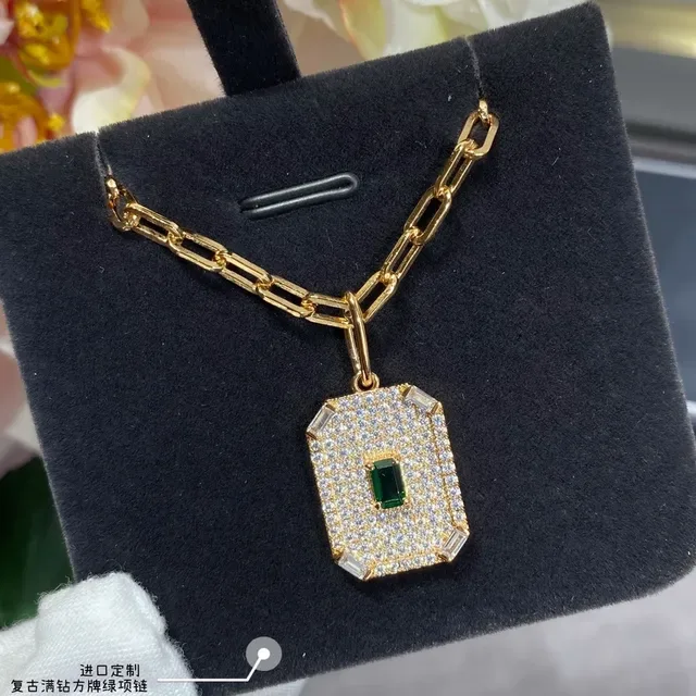 Gold-Tone Rectangular Druzy and Pavé Emerald Pendant Necklaces 5