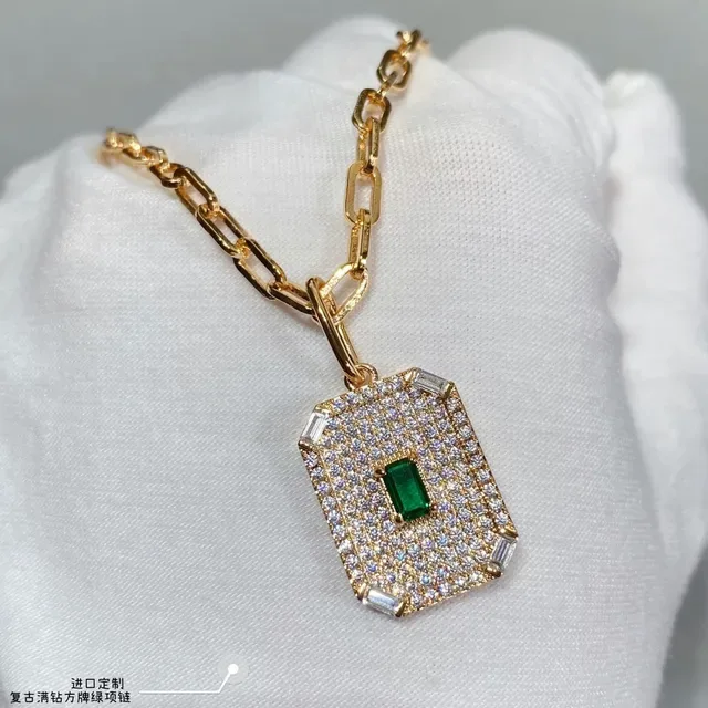 Gold-Tone Rectangular Druzy and Pavé Emerald Pendant Necklaces 6