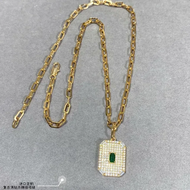 Gold-Tone Rectangular Druzy and Pavé Emerald Pendant Necklaces 7